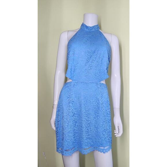 NBD x Naven Cut Out Lace Halter Backless Mini Dress Size M Blue Romantic Luxe - Picture 2 of 11